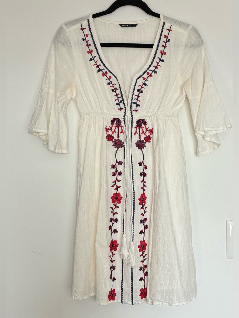 Shein Red White & Blue Embroidered Floral V-Neck Tunic Dress with bell sleeves